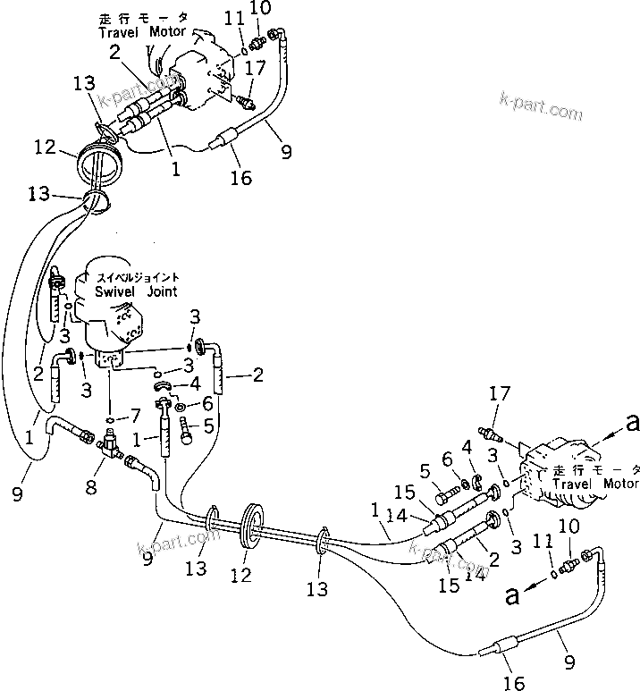 Komatsu parts book diagram for PF5-1 S/N 10001-UP: HYDRAULIC PIPING (SWIVEL JOINT TO/FROM TRAVEL MOTOR)(#10279-)