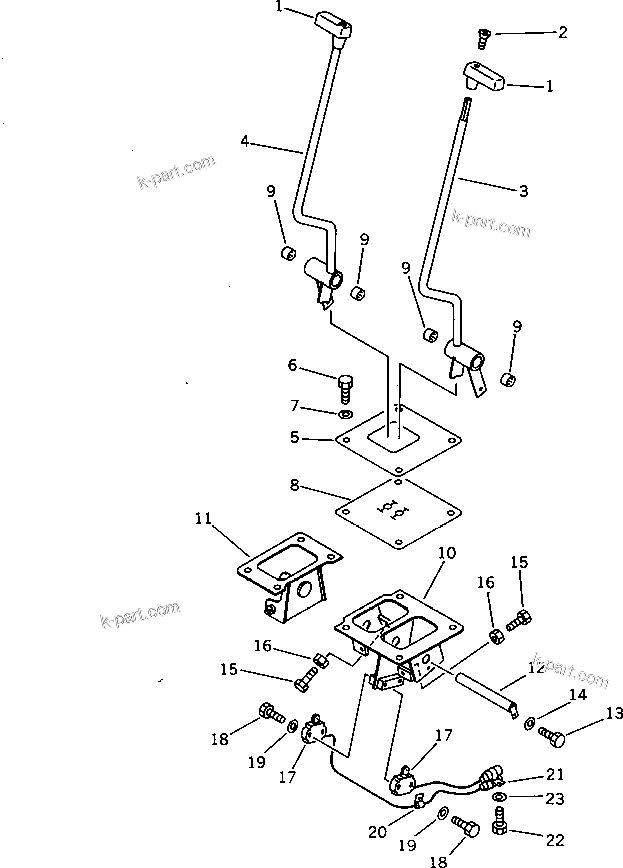 Komatsu parts book diagram for PF5-1 S/N 10001-UP: TRAVEL CONTROL LEVER AND LINKAGE (1/2)
