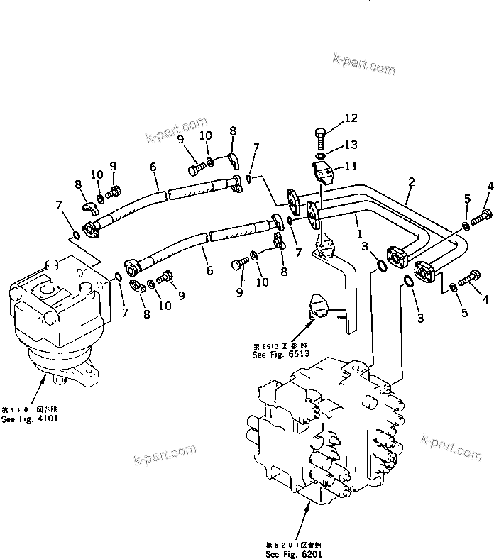 Komatsu parts book diagram for PF5-1 S/N 10001-UP: HYDRAULIC PIPING (CONTROL VALVE TO/FROM SWING MOTOR)