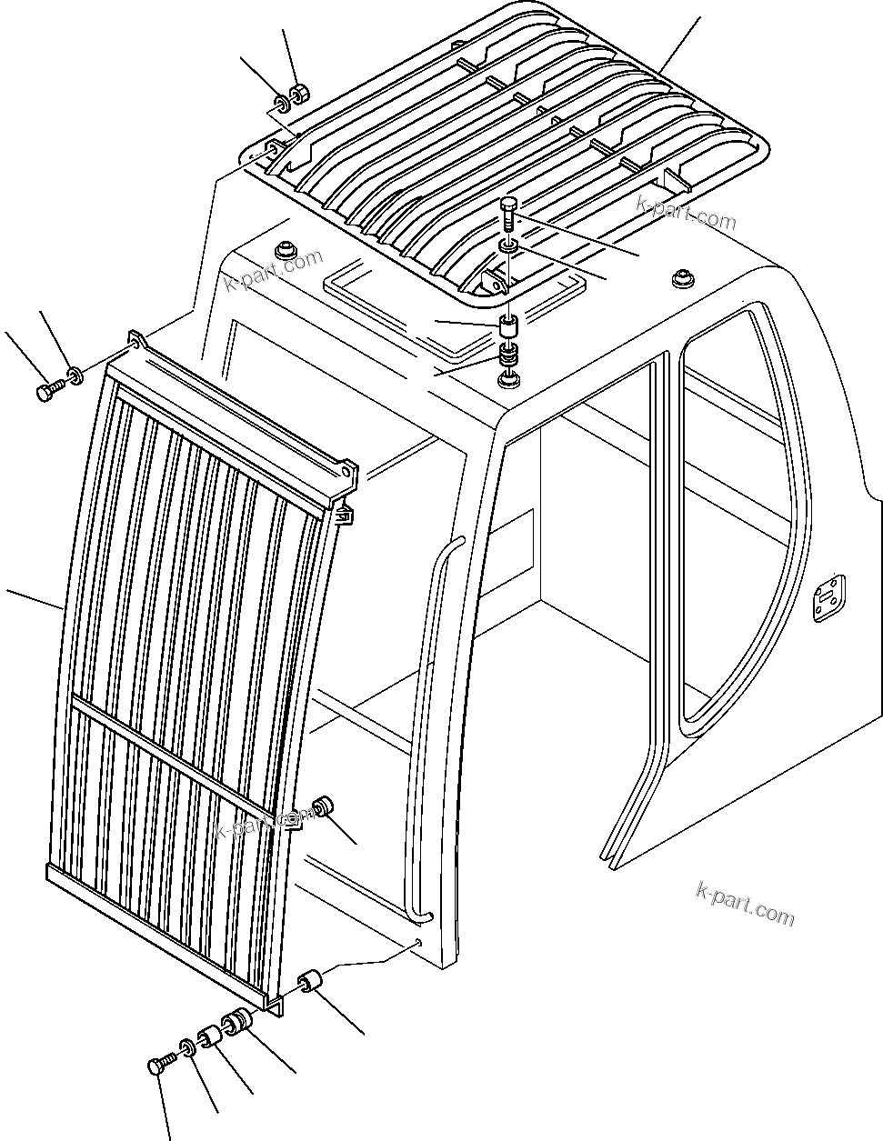 Komatsu parts book diagram for PW110R-1 S/N 2260010001-Up: TOP AND FRONT GUARD (CAB)
