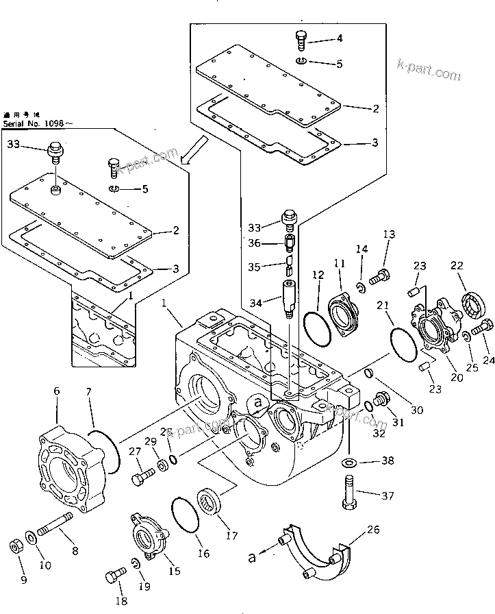 Komatsu parts book diagram for PW150-1 S/N 1001-UP: TRANSMISSION (1/3)