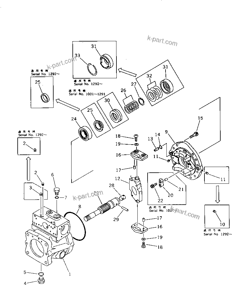 Komatsu parts book diagram for PW150-1 S/N 1001-UP: HYDRAULIC PUMP ? REAR (5/6)