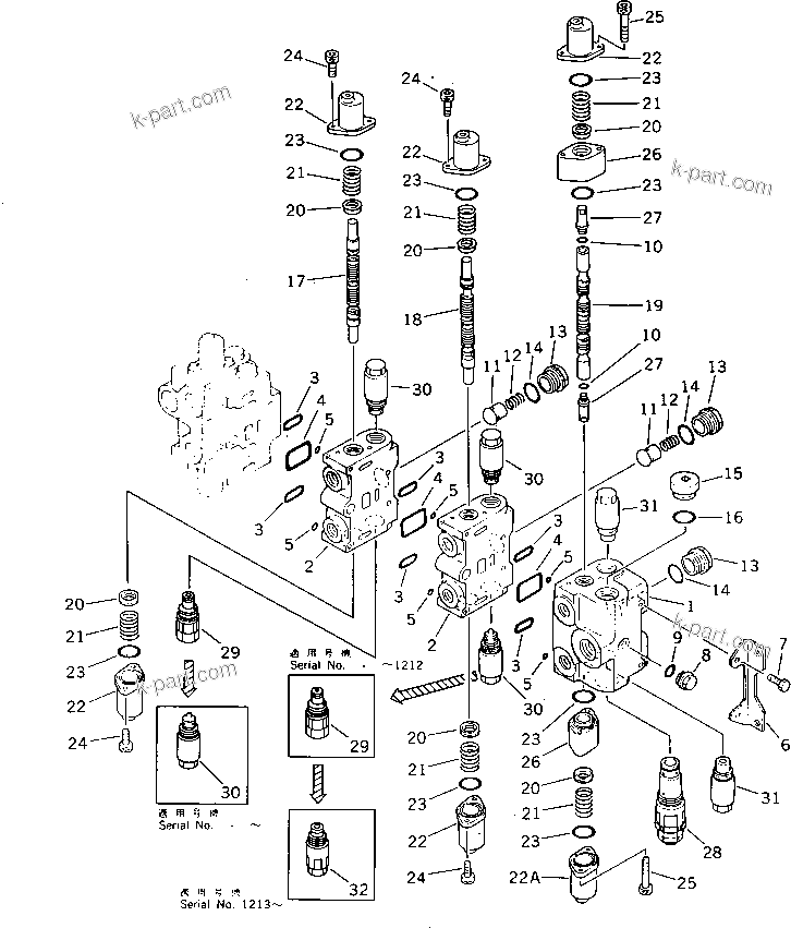 Komatsu parts book diagram for PW150-1 S/N 1001-UP: CONTROL VALVE ? R.H. (BOOM ? BUCKET EXCAVATION ? F-R RIGHT) (2/4)