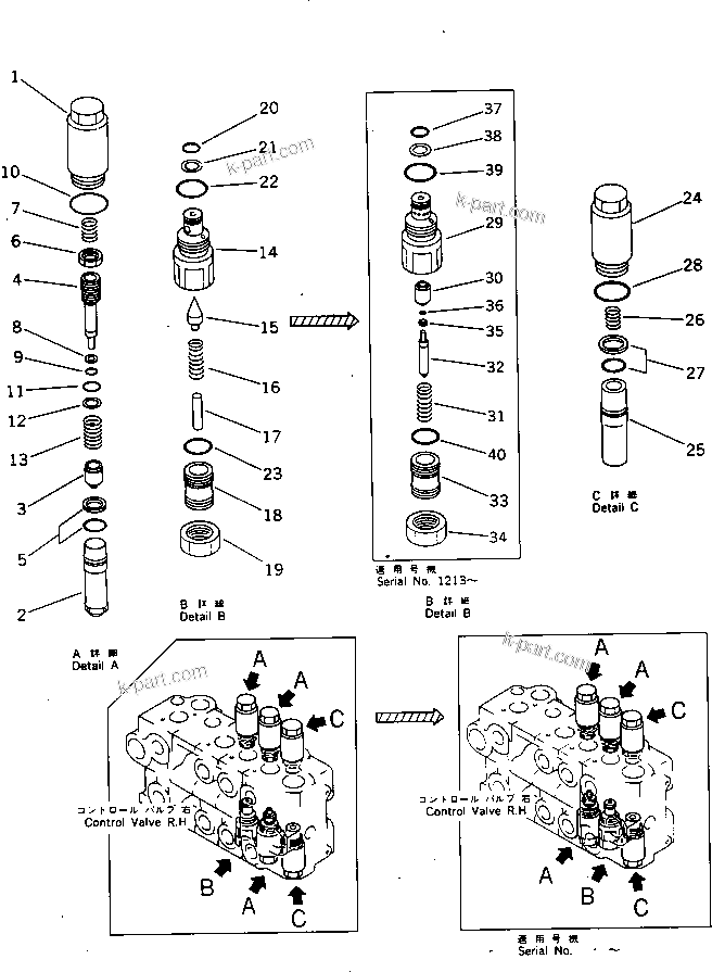 Komatsu parts book diagram for PW150-1 S/N 1001-UP: CONTROL VALVE ? R.H. (SAFETY VALVE) (4/4)