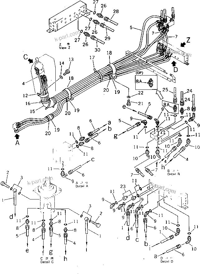 Komatsu parts book diagram for PW150-1 S/N 1001-UP: HYDRAULIC PIPING (2/8) (R.H. ? P.P.C)(#1001-1143)