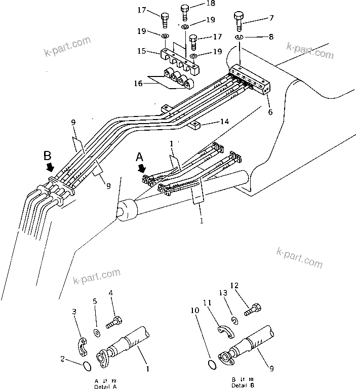 Komatsu parts book diagram for PW150-1 S/N 1001-UP: HYDRAULIC PIPING (6/8) (BOOM ? ARM)(#1213-)