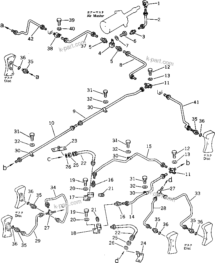Komatsu parts book diagram for PW150-1 S/N 1001-UP: LOWER AIR PIPING (2/2) (AIR MASTER TO BRAKE)