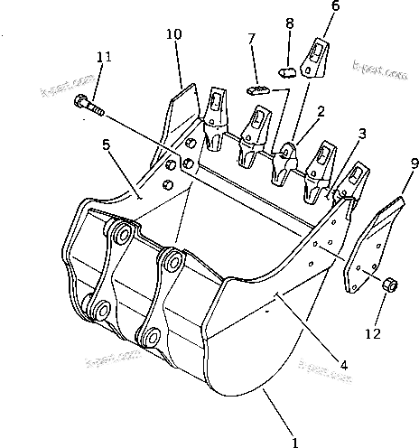 Komatsu parts book diagram for PW150-1 S/N 1001-UP: LIGHT WORK BUCKET 0.65M3 WIDTH 1100MM