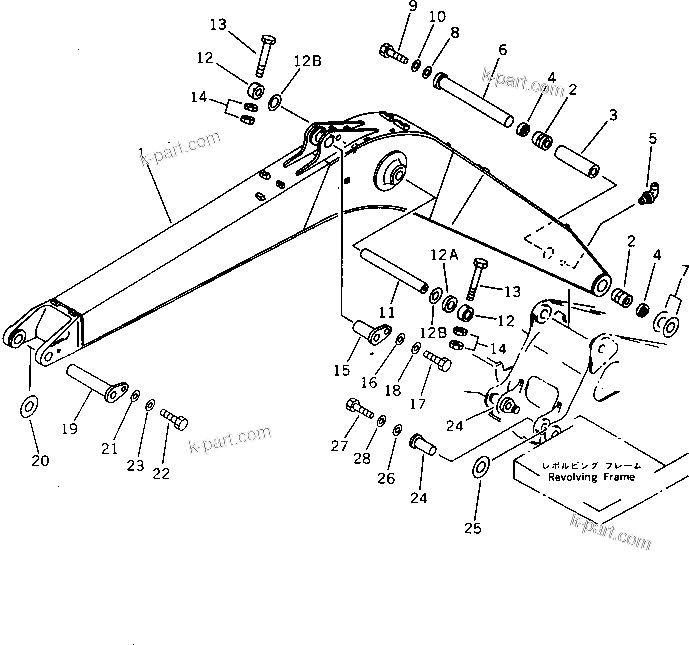Komatsu parts book diagram for PW150-1 S/N 1001-UP: 1-PIECE BOOM