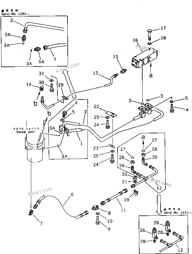 Komatsu parts book diagram for PW150-1 S/N 1001-UP: FRONT OUTRIGGER PIPING (2/4)