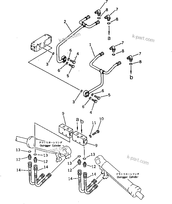 Komatsu parts book diagram for PW150-1 S/N 1001-UP: FRONT OUTRIGGER PIPING (3/4)