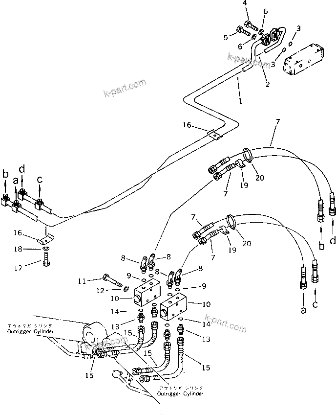 Komatsu parts book diagram for PW150-1 S/N 1001-UP: FRONT OUTRIGGER PIPING (4/4)(#1284-)