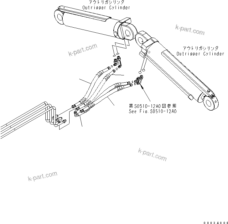 Komatsu parts book diagram for PW180-7K S/N K40001-UP: REAR OUTRIGGER ? 2.55M (CYLINDER HOSE)