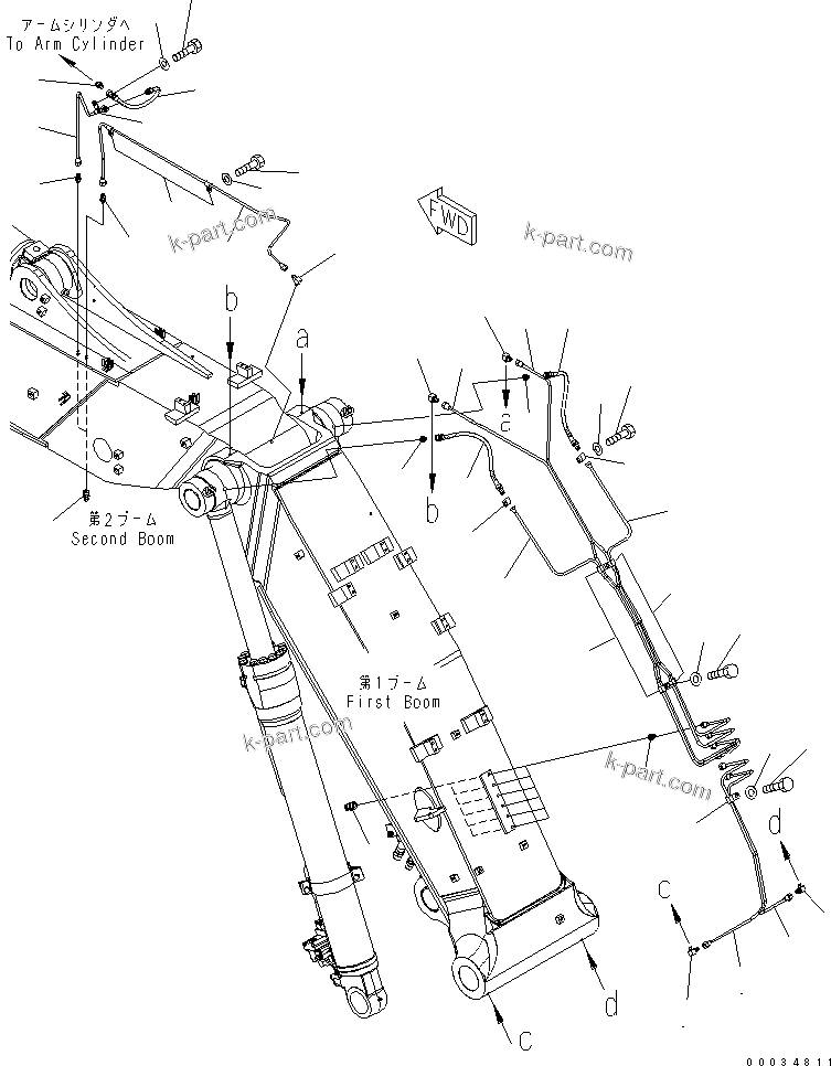 Komatsu parts book diagram for PW180-7K S/N K40001-UP: 2-PIECE BOOM (LUBRICATION PIPING)