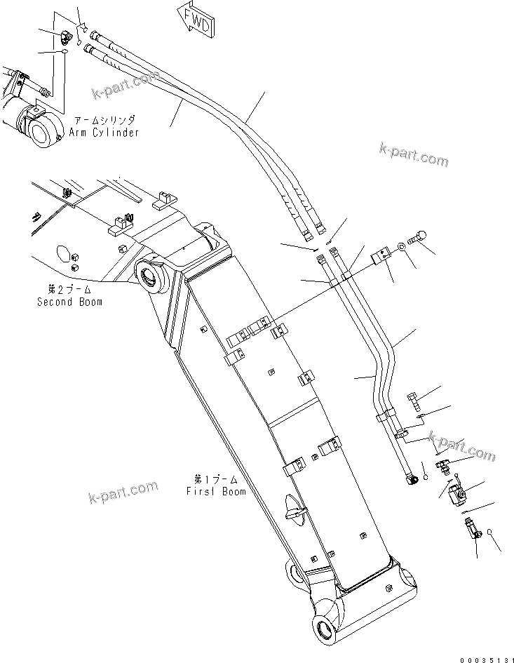 Komatsu parts book diagram for PW180-7K S/N K40001-UP: 2-PIECE BOOM (ARM CYLINDER LINE)