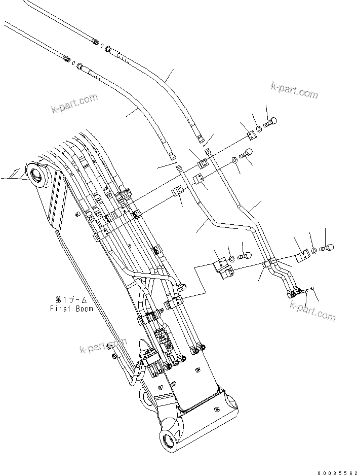 Komatsu parts book diagram for PW180-7K S/N K40001-UP: 2-PIECE BOOM (2-ATTACHMENT LINE) (1ST BOOM SIDE) (WITH 2-ATTACHMENTS)