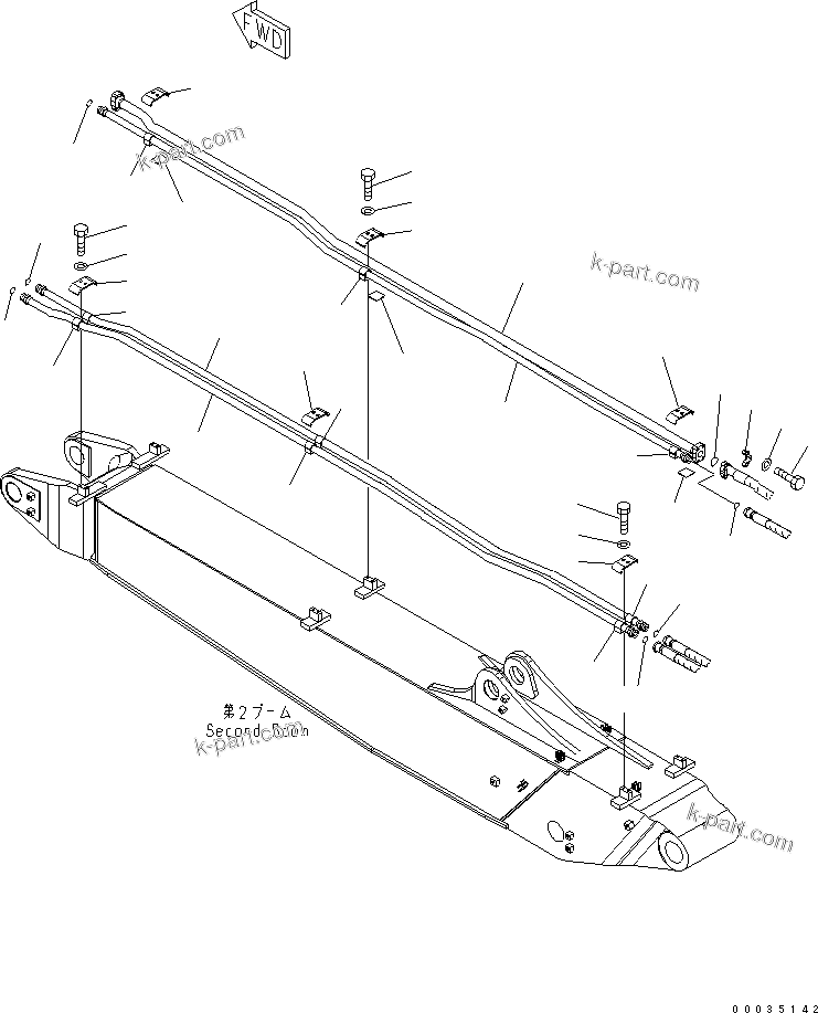 Komatsu parts book diagram for PW180-7K S/N K40001-UP: 2-PIECE BOOM (BUCKET ? 1-ATTACHMENT LINE) (2ND BOOM SIDE)