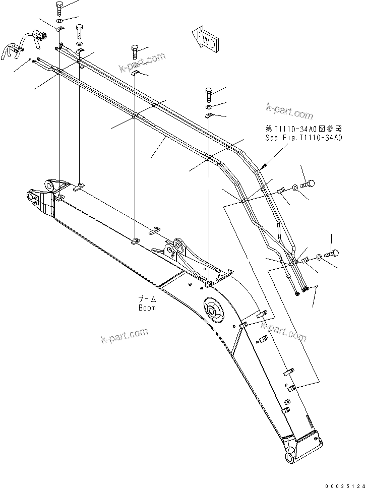 Komatsu parts book diagram for PW180-7K S/N K40001-UP: 1-PIECE BOOM (1-ATTACHMENT LINE ? 1/2)