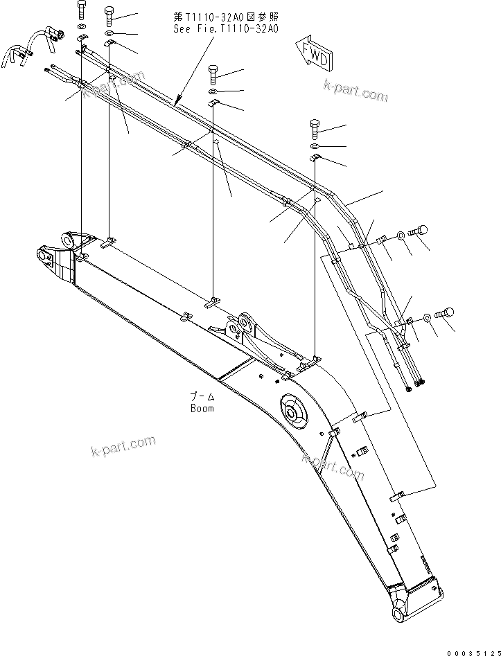 Komatsu parts book diagram for PW180-7K S/N K40001-UP: 1-PIECE BOOM (1-ATTACHMENT LINE ? 2/2)