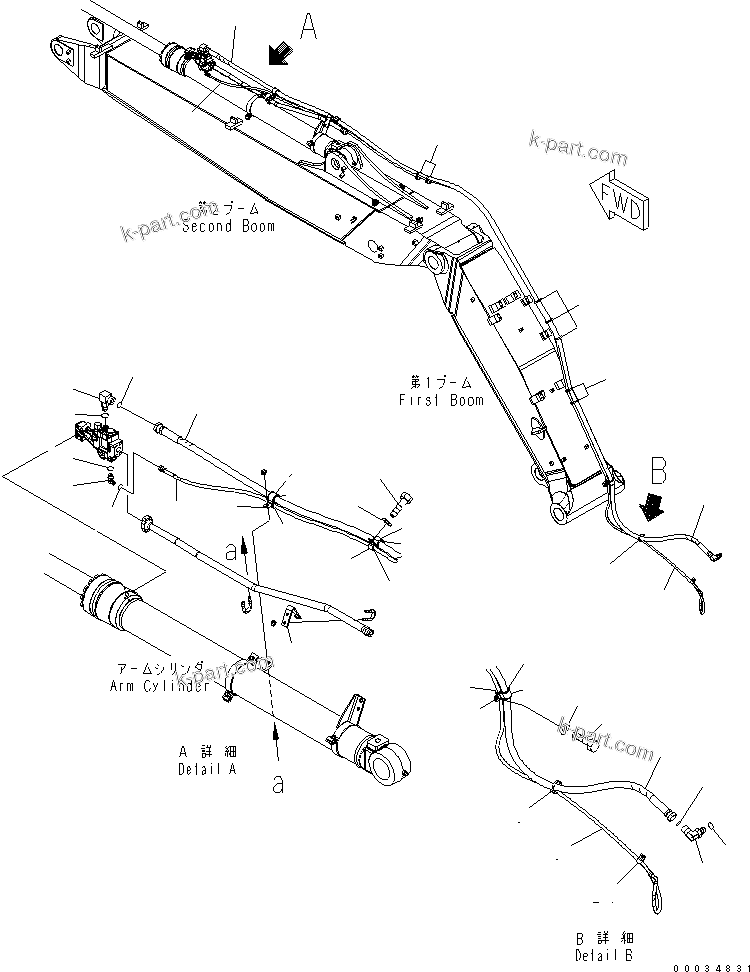 Komatsu parts book diagram for PW180-7K S/N K40001-UP: ARM CYLINDER (SAFETY VALVE PIPING) (WITH SAFETY VALVE) (2-PIECE BOOM)