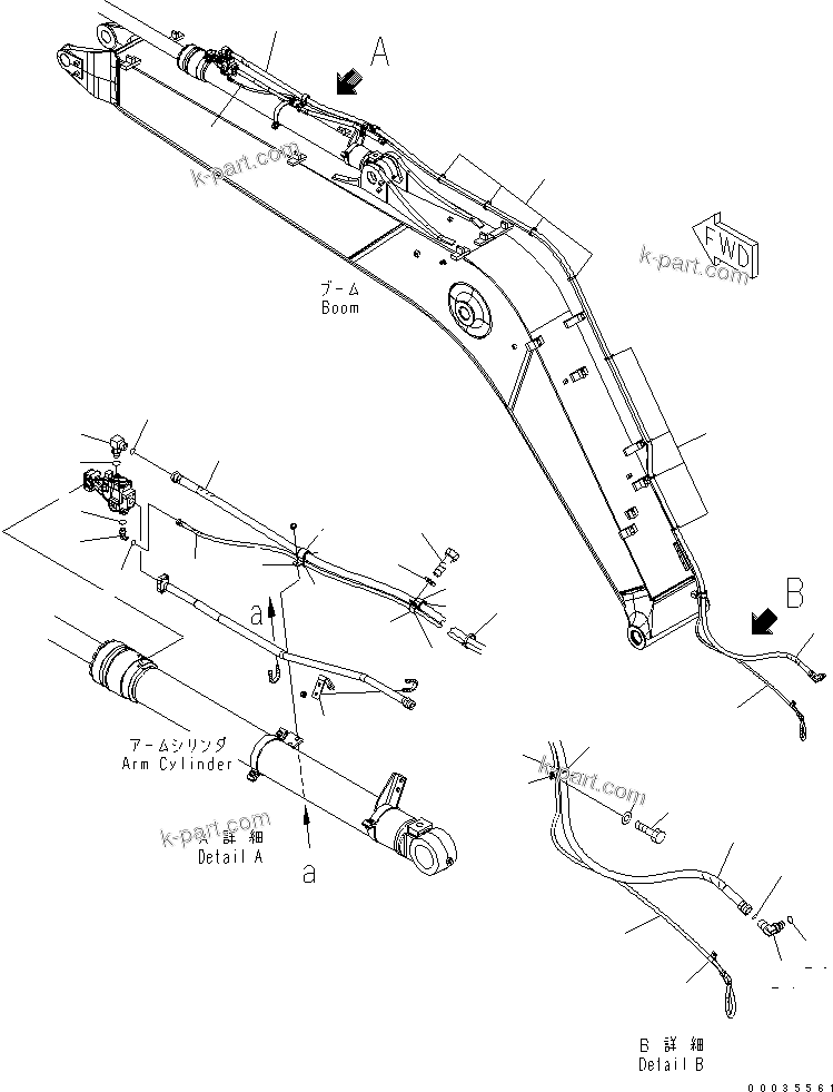 Komatsu parts book diagram for PW180-7K S/N K40001-UP: ARM CYLINDER (SAFETY VALVE PIPING) (WITH SAFETY VALVE) (1-PIECE BOOM)