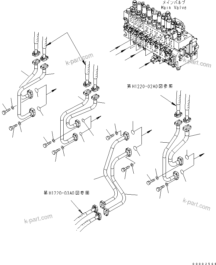 Komatsu parts book diagram for PW220-7E0 S/N H65051-UP: WORK EQUIPMENT LINE (1/3 - REVOLVING FRAME SIDE FOR TWO-PIECE BOOM)
