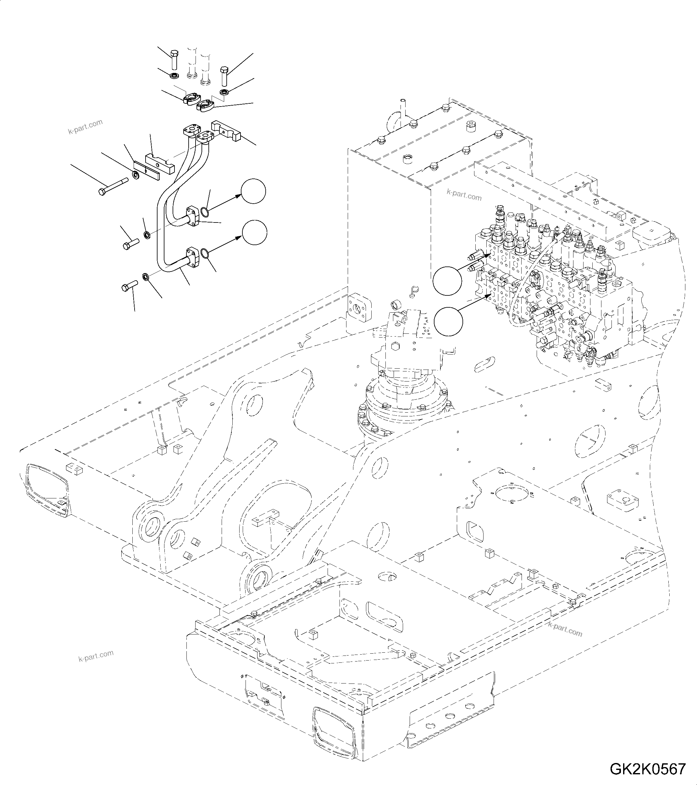Komatsu parts book diagram for PW220-7E0 S/N H65051-UP: ATTACHMENT LINE - REVOLVING FRAME (TWO-PIECE BOOM - TWO ATTACHMENTS)