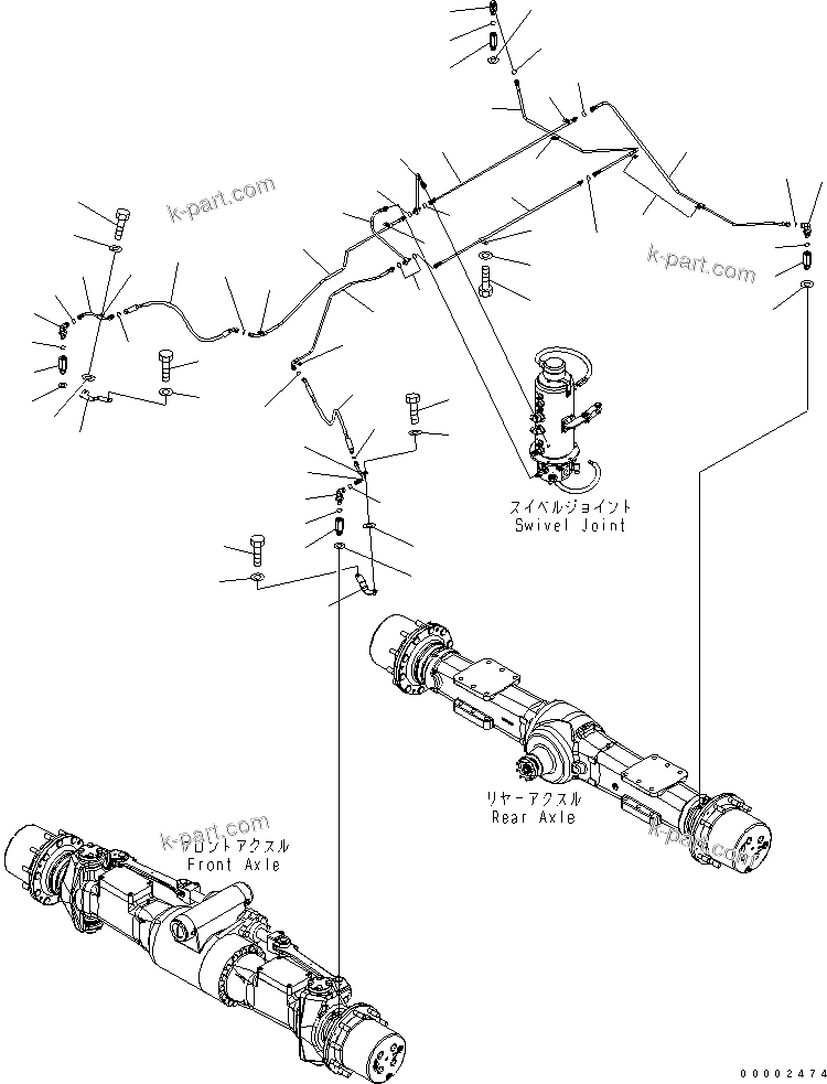 Komatsu parts book diagram for PW220-7E0 S/N H65051-UP: LOWER BRAKE LINE (2.75M WIDTH AXLE)