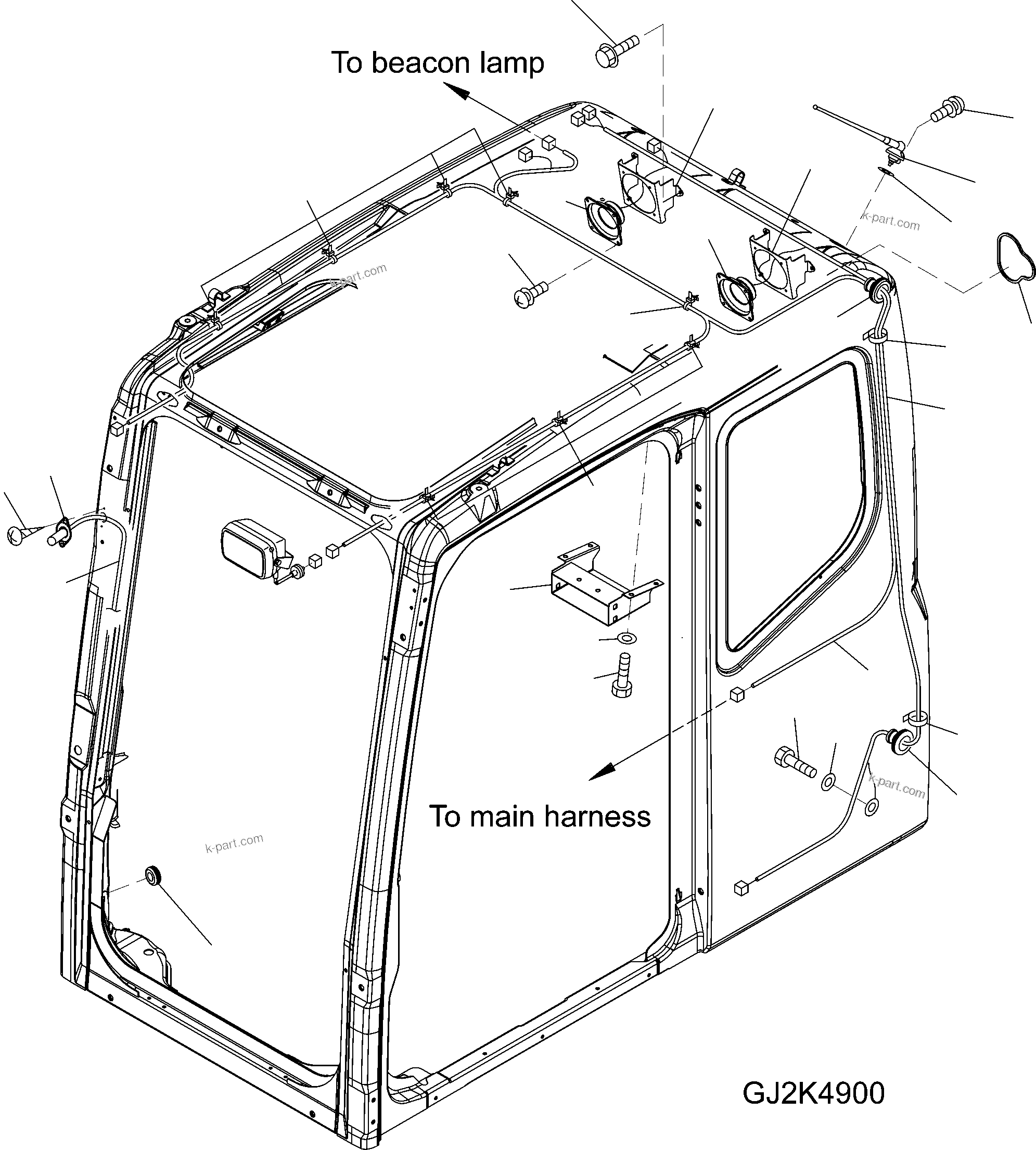 Komatsu parts book diagram for PW220-7E0 S/N H65051-UP: OPERATORґS CAB (RADIO HARNESS AND WINDOW WASHER HOSE)