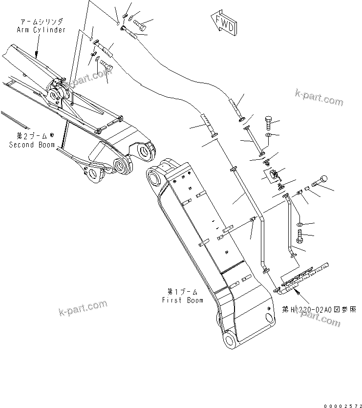 Komatsu parts book diagram for PW220-7E0 S/N H65051-UP: TWO-PIECE BOOM (ARM CYLINDER LINE)