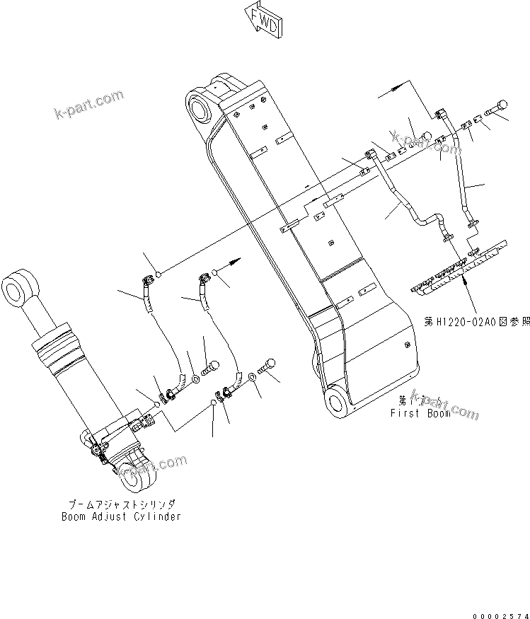 Komatsu parts book diagram for PW220-7E0 S/N H65051-UP: TWO-PIECE BOOM (BOOM ADJUST CYLINDER LINE)