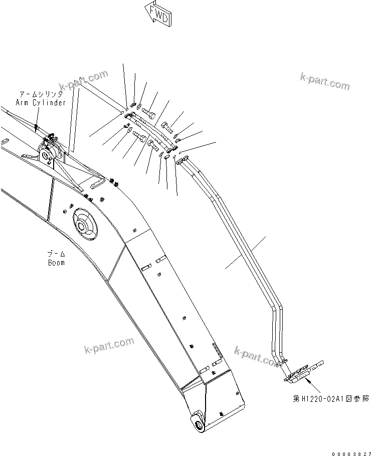 Komatsu parts book diagram for PW220-7E0 S/N H65051-UP: ONE-PIECE BOOM (ARM CYLINDER LINE)