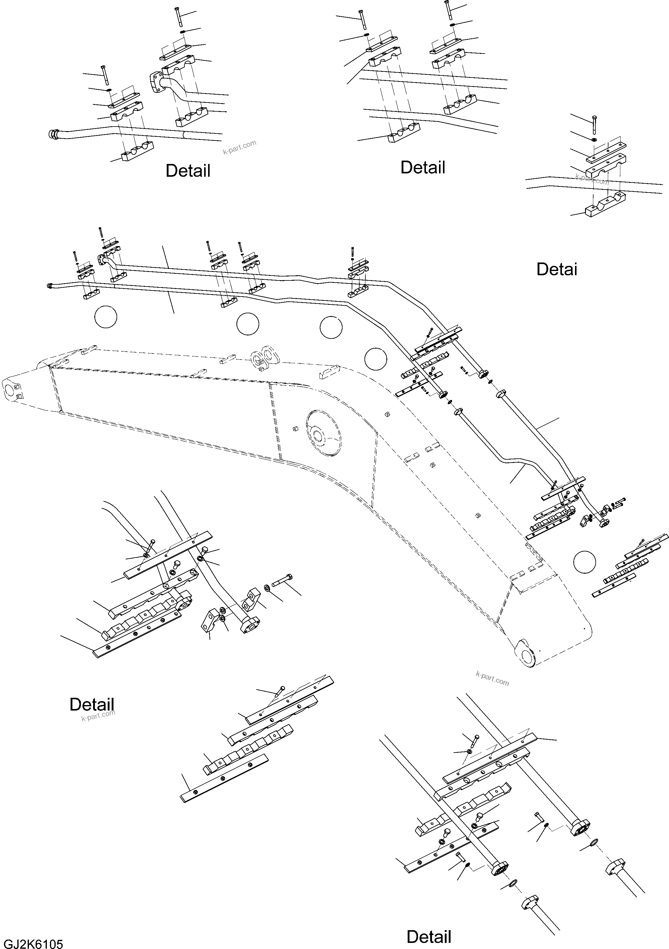 Komatsu parts book diagram for PW220-7E0 S/N H65051-UP: ONE-PIECE BOOM (ONE ATTACHMENT) (PIPING)