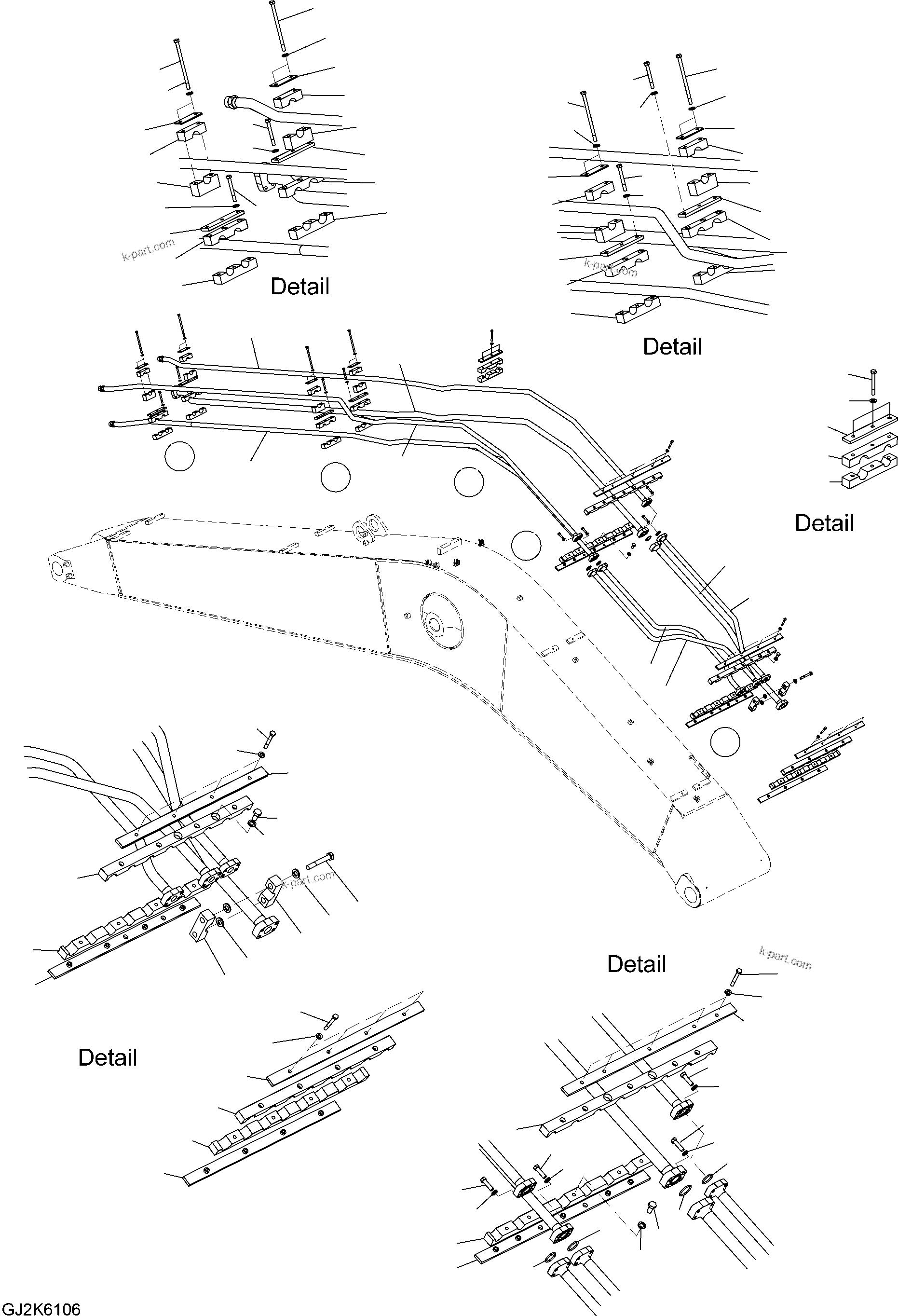 Komatsu parts book diagram for PW220-7E0 S/N H65051-UP: ONE-PIECE BOOM (TWO ATTACHMENTS) (PIPING)