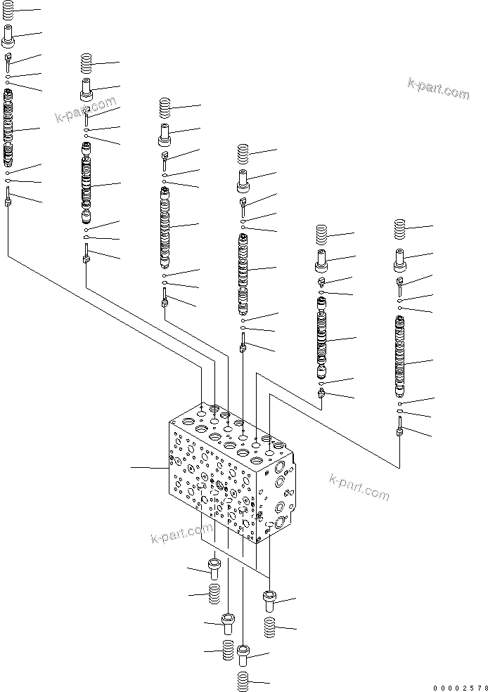 Komatsu parts book diagram for PW220-7E0 S/N H65051-UP: MAIN VALVE (8-SPOOL) (1/20) (FOR ONE-PIECE BOOM)