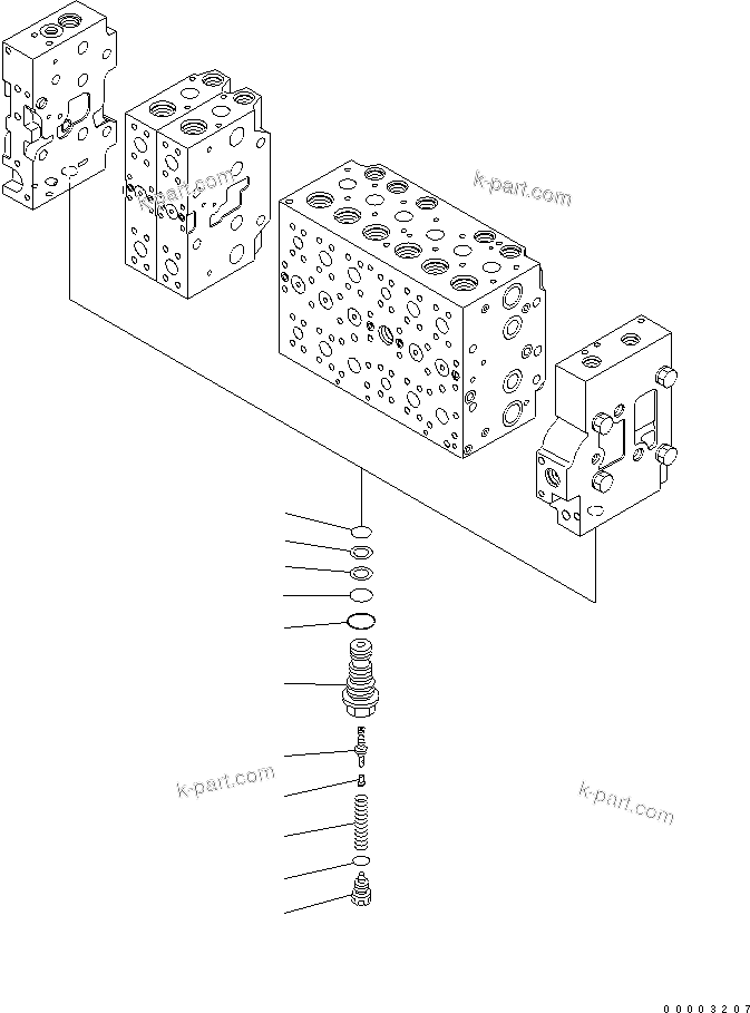 Komatsu parts book diagram for PW220-7E0 S/N H65051-UP: MAIN VALVE (8-SPOOL) (8/20) (FOR ONE-PIECE BOOM)