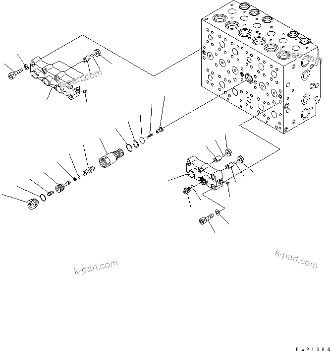 Komatsu parts book diagram for PW220-7E0 S/N H65051-UP: MAIN VALVE (8-SPOOL) (10/20) (FOR ONE-PIECE BOOM)