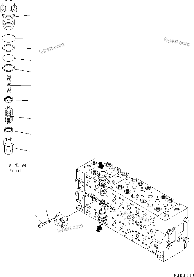 Komatsu parts book diagram for PW220-7E0 S/N H65051-UP: MAIN VALVE (9-SPOOL) (17/22) (FOR TWO-PIECE BOOM)