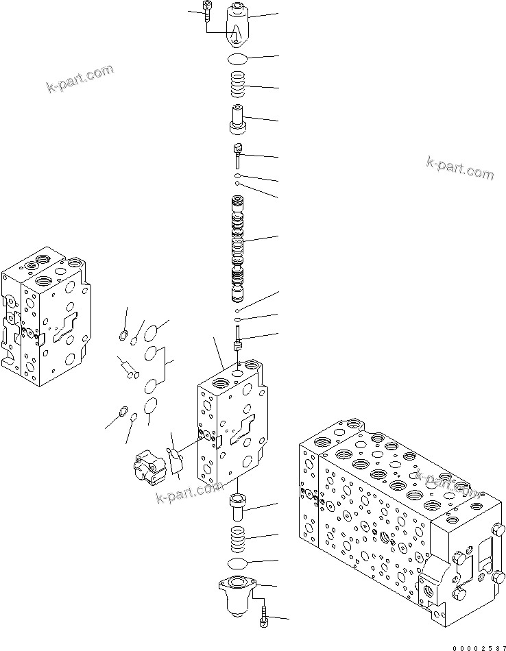 Komatsu parts book diagram for PW220-7E0 S/N H65051-UP: MAIN VALVE (9-SPOOL) (18/22) (FOR TWO-PIECE BOOM)