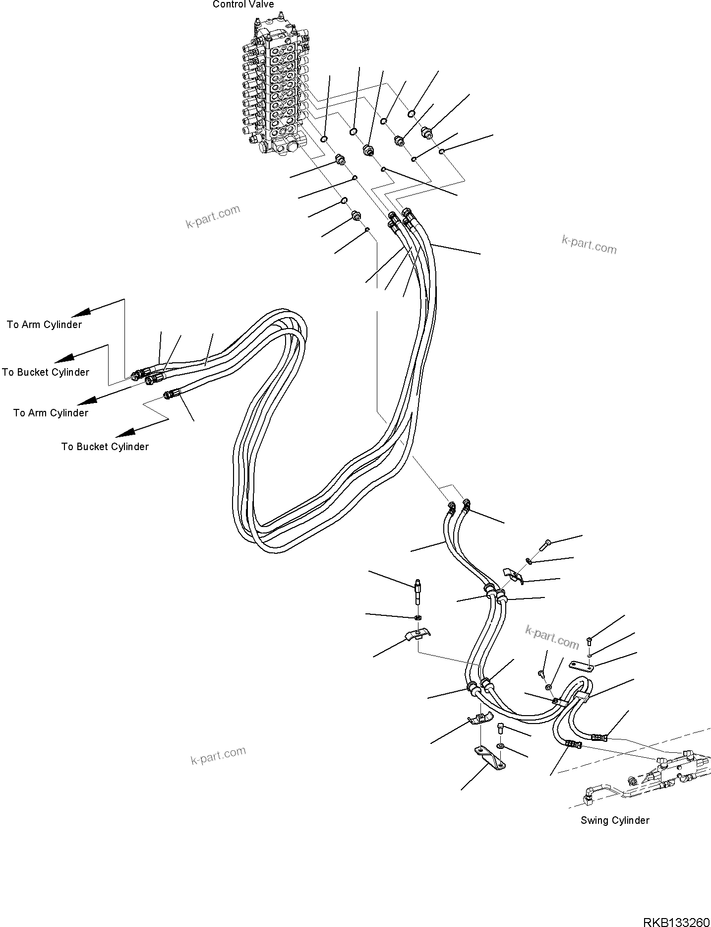 Komatsu parts book diagram for PW98MR-11E0 S/N F30001 AND UP: ARM AND BUCKET PIPING