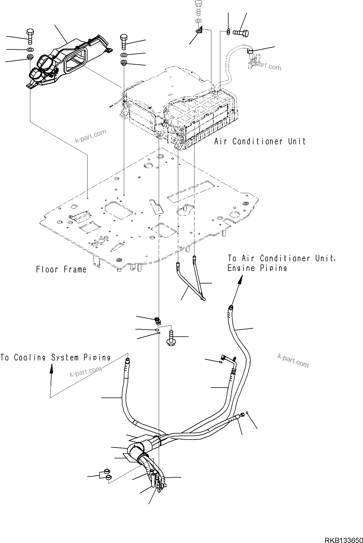 Komatsu parts book diagram for PW98MR-11E0 S/N F30001 AND UP: CAB AND FLOOR FRAME, FLOOR FRAME, AIR CONDITIONER PIPING
