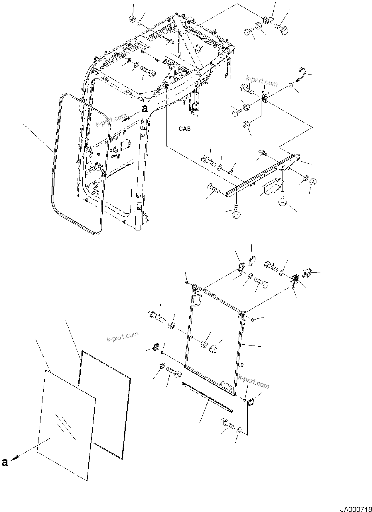 Komatsu parts book diagram for PW98MR-11E0 S/N F30001 AND UP: CAB AND FLOOR FRAME, CAB, FRONT WINDOW