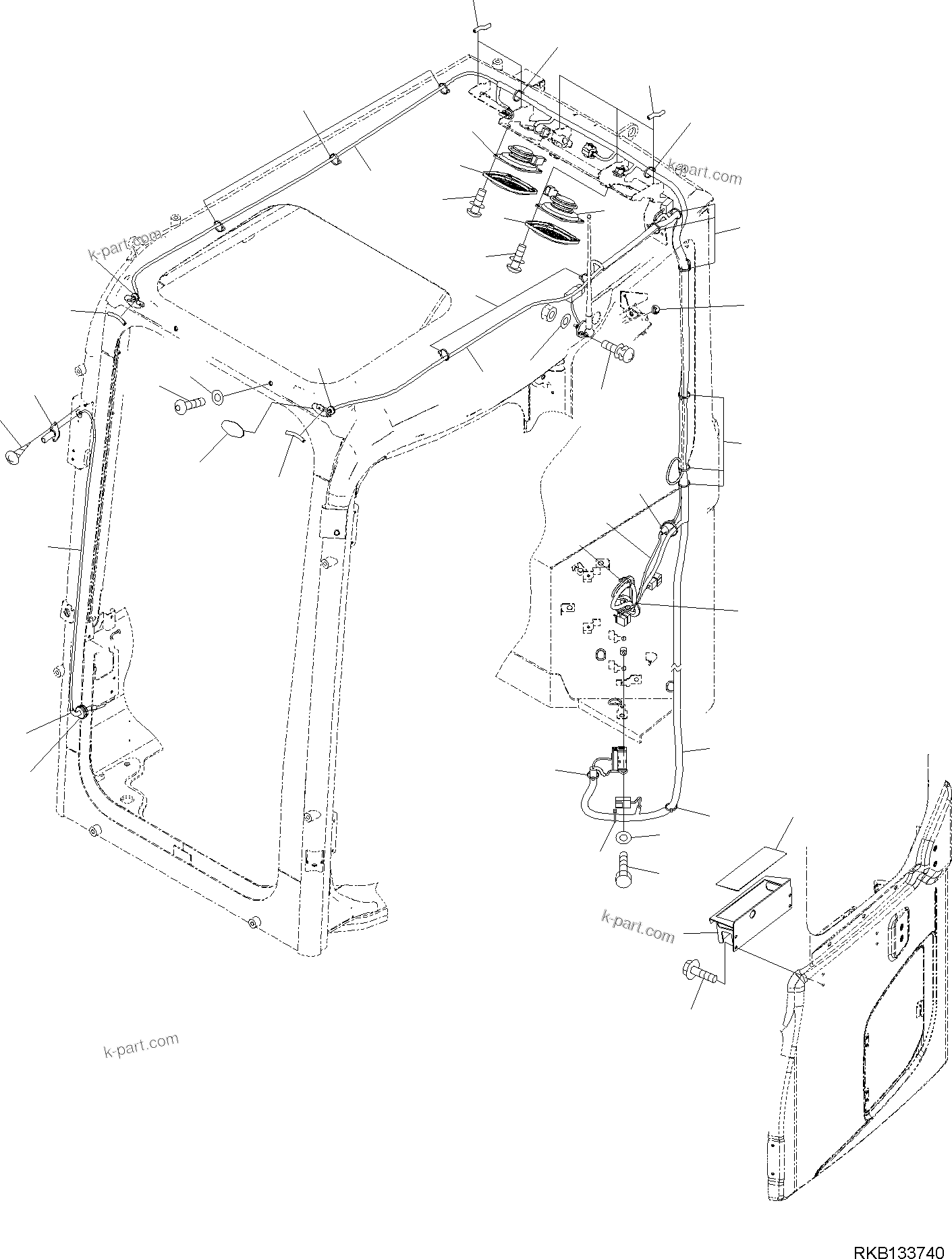Komatsu parts book diagram for PW98MR-11E0 S/N F30001 AND UP: CAB AND FLOOR FRAME, CAB, RADIO WIRING HARNESS AND WINDOW WASHER PIPING