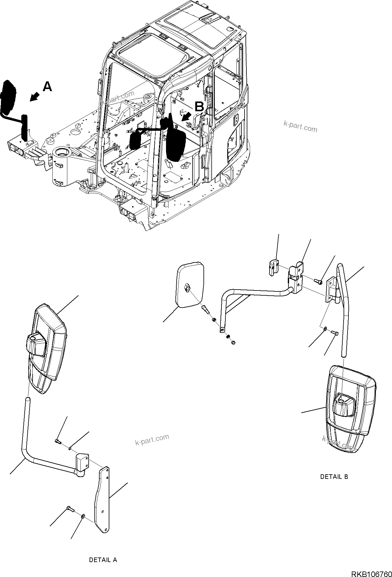 Komatsu parts book diagram for PW98MR-11E0 S/N F30001 AND UP: REARVIEW MIRRORS