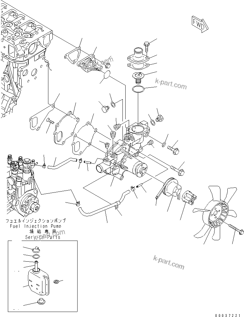 Komatsu parts book diagram for S3D84E-5P-BA S/N 05382-UP: WATER PUMP AND COOLING FAN