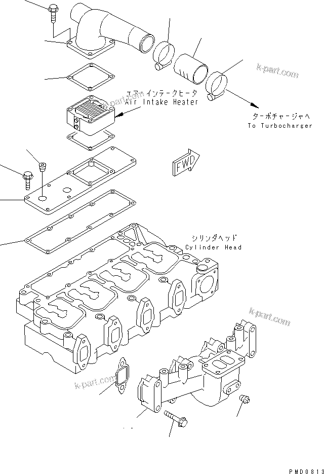 Komatsu parts book diagram for S4D102E-1F S/N 26200163-UP: EXHAUST MANIFOLD AND AIR CONNECTOR(#26200163-26207666)