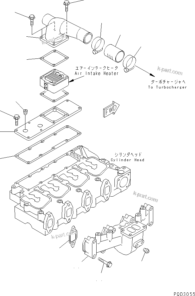 Komatsu parts book diagram for S4D102E-1F S/N 26200163-UP: EXHAUST MANIFOLD AND AIR CONNECTOR(#26207667-)