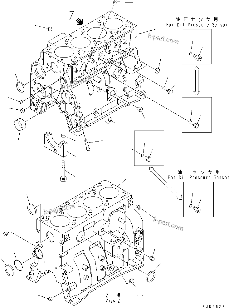 Komatsu parts book diagram for S4D102E-1F S/N 26200163-UP: CYLINDER BLOCK(#26221676-)