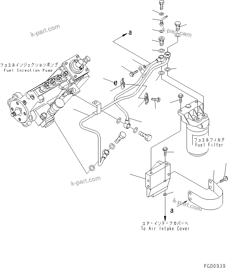 Komatsu parts book diagram for S4D102E-1F S/N 26200163-UP: FUEL FILTER MOUNTING AND PIPING(#26200415-)