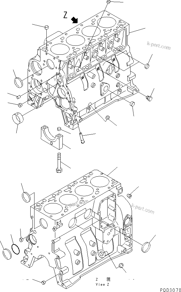 Komatsu parts book diagram for S4D102E-1E-T S/N 26200163-UP: CYLINDER BLOCK(#26200163-26221675)